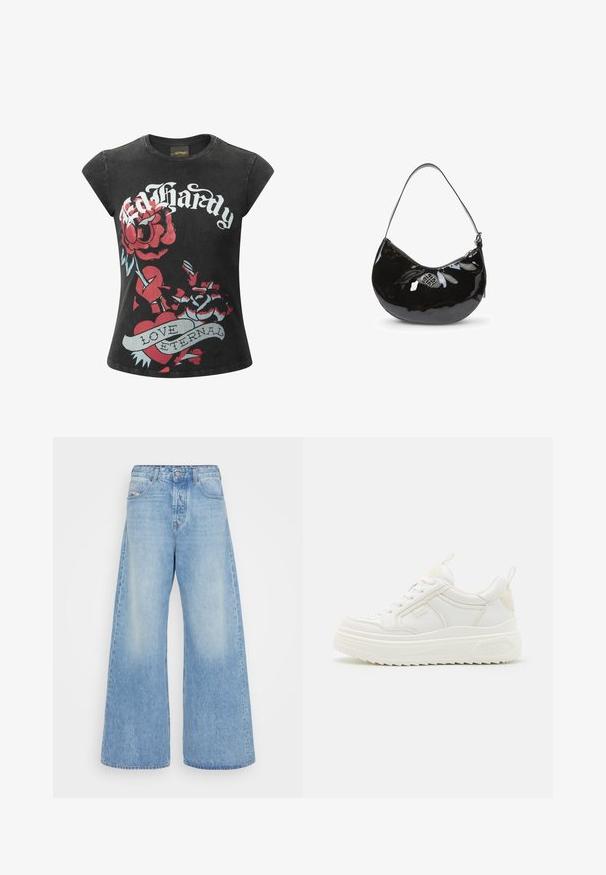 T-shirt negro de manga corta con grandes rosas rojas y un gráfico de un corazón que incluye el texto "Ed Hardy" y "LOVE ETERNAL" en acentos blancos y azules.; Jeans de pierna ancha de color azul claro, fabricados en denim. Cuentan con un diseño clásico de cinco bolsillos, cierre de botón y zonas desgastadas para un aspecto vintage.; Zapatillas blancas de cuero con suela gruesa, diseño de cordones y una marca sutil. Presentan una textura suave y punta redonda.; Bolso de mano de charol negro con forma curva, correa para el hombro única, cierre de cremallera y un logotipo metálico decorativo. Textura suave.