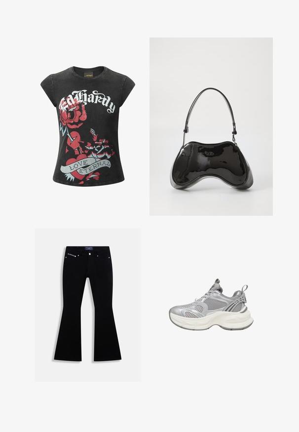 T-shirt negro de manga corta con grandes rosas rojas y un gráfico de un corazón que incluye el texto "Ed Hardy" y "LOVE ETERNAL" en acentos blancos y azules.; Vaqueros negros acampanados con diseño de cinco bolsillos, botón y remaches plateados, y una etiqueta de Juicy Couture en la cintura y en el bolsillo para la moneda.; Zapatillas deportivas plateadas con parte superior de malla, suela redondeada, detalles texturizados y refuerzos para mayor soporte.; Bolso de mano de piel sintética negra con un diseño curvado único, asas cortas y ajustables, y abertura con cremallera en la parte superior. Textura suave con una sutil marca.