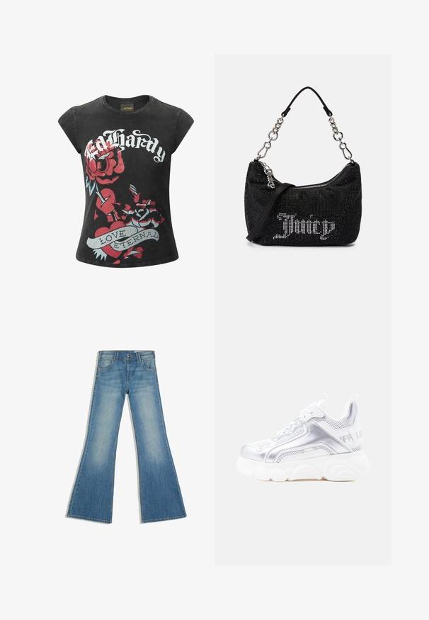 Schwarzes Kurzarm-T-Shirt mit großen roten Rosen und einem Herz-Graphic, versehen mit dem Text "Ed Hardy" und "LOVE ETERNAL" in weißen und blauen Akzenten.; Blaue Denim-Jeans mit ausgestelltem Bein, Vordertaschen und Knopfverschluss, gezeigt vor weißem Hintergrund.; Weißer und silberner klobiger Sneaker mit dicker, strukturierter Sohle, Mesh- und synthetischen Einsätzen, abgerundetem Zehenbereich und Zuglasche an der Ferse.; Schwarze Tasche mit Strassverzierungen, gebogener Form und silberner Kettenhandgriff. Verfügt über einen Reißverschluss und das "Juicy"-Logo in Weiß.