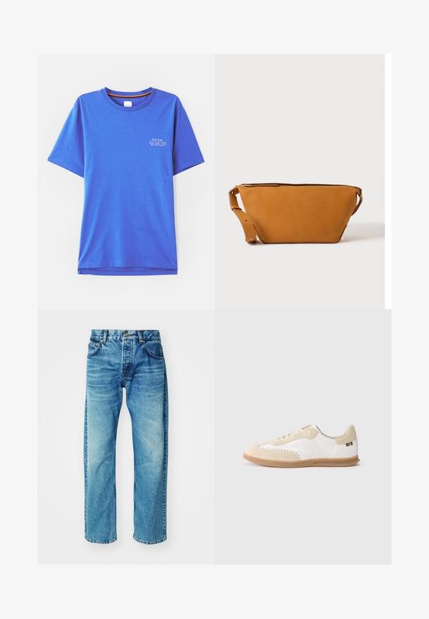 T-shirt en coton bleu à manches courtes, col rond, avec un texte imprimé blanc en haut à gauche. Texture lisse et coupe décontractée.; Jean en denim bleu à coupe décontractée, avec cinq poches, un bouton à fermeture, un léger délavage et un ourlet légèrement effiloché.; Baskets blanches avec accents en daim beige clair, détails perforés, lacets plats et semelle en caoutchouc naturel. Présentent un logo rayé sur le talon.; Sac bandoulière en cuir marron clair avec sangle réglable et fermeture éclair, présenté sur un fond clair uni.