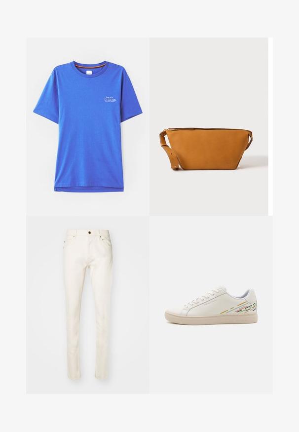 Blaues Baumwoll-T-Shirt mit kurzen Ärmeln und Rundhalsausschnitt, mit weißem Drucktext auf der oberen linken Seite. Glatte Textur und lockere Passform.; Beige Baumwolljeans mit schlanker Passform, ausgestattet mit einem Knopfverschluss vorne, fünf Taschen und subtilen Nähdetails. Glatte Textur und schmal zulaufendes Bein.; Weisse Ledersneakers mit einer glatten Textur, ausgestattet mit bunten Linienmustern an der Ferse und einer beigen Gummisohle.; Hellbraune Leder-Umhängetasche mit verstellbarem Schulterriemen und Reißverschluss, vor einem schlichten hellen Hintergrund gezeigt.