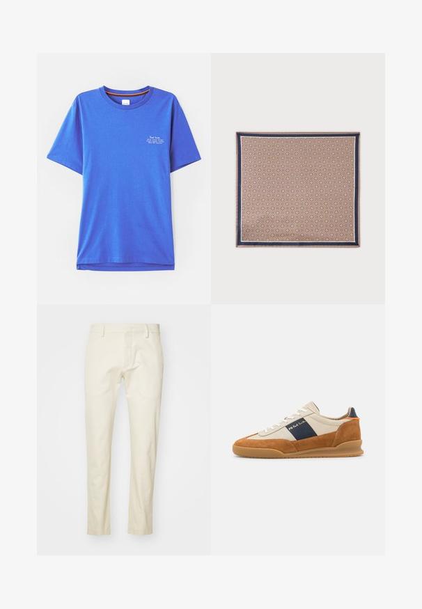 Blauwe katoenen t-shirt met korte mouwen, ronde hals, met witte bedrukte tekst op de bovenkant links. Glad textuur en een ontspannen pasvorm.; Beige katoenen broek met een recht gesneden ontwerp, met een ritssluiting aan de voorkant en platte zakken. Gemonteerde stof met een gladde afwerking.; PS Paul Smith DOVER - Sneakers laag - cognac/off-white; Bruine sjaal met een navyblauwe rand en herhalende kleine geometrische bloemmotieven in wit en zwart over het hele oppervlak.
