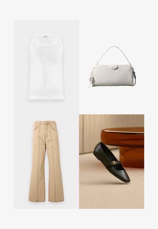 Débardeur en maille blanche avec un design texturé et respirant, col rond et bretelles larges. Pas de marquage visible.; Jean large beige avec taille haute, cinq poches et coutures contrastantes pour plus de détails. Tissu en coton avec une texture lisse.; Chaussure plate en cuir noir avec bout pointu et logo CK doré sur la bride, posée sur un tapis beige près d'une table ronde couleur ambre brun.; Sac à main rectangulaire blanc Calvin Klein avec une seule poignée, design minimaliste et pampilles décoratives avec un charm métallique géométrique sur le côté.