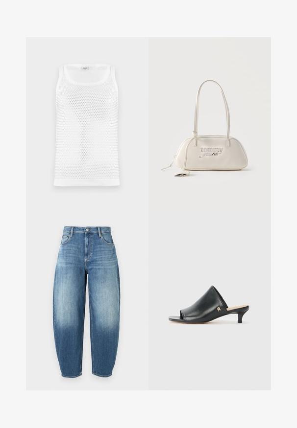 Débardeur en maille blanche avec un design texturé et respirant, col rond et bretelles larges. Pas de marquage visible.; Jean en denim bleu clair avec une coupe loose, taille haute et accents décolorés. Comprend des poches avant et une fermeture à bouton. Détails à ourlet retroussé.; Mules ouverts en cuir noir avec un talon bas. Présentent une surface lisse et un accent logo doré sur le côté.; Sac d'épaule rectangulaire de couleur crème avec longues bretelles, logo "tommy jeans" en argent sur le devant, et une étiquette pendante attachée à la fermeture éclair.