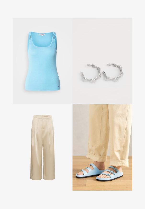 Vaaleansininen, istuva hihaton paita joustavasta materiaalista. Varustettu hopeisilla yksityiskohdilla olkaimissa ja neliön muotoisella pääntiellä. Silkkinen pinta.; Beige levevät housut, valmistettu sileästä kankaasta, jossa on poimutuksia, vyötärönauha ja suora leikkaus, ilman näkyviä taskuja tai kuvioita.; Vaaleansiniset liukusandaalit, joissa on kolme säädettävää hihnaa ja hopeiset soljet; teksturoitu pohja ja sileä päällismateriaali. Yhdistetty rullattuihin vaaleanbeigeihin housuihin.; Hope hopea, joissa on teksturoitu, epätasainen muotoilu. Valmistettu metallista, varustettu tukevalla nastalukolla ja kiiltävällä pinnalla.