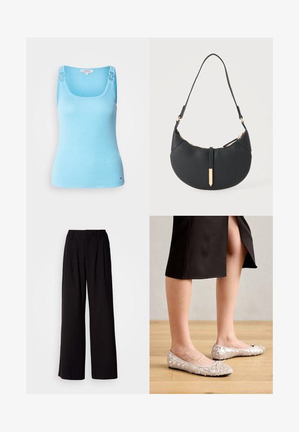 Top sin mangas ajustado de color azul claro, hecho de material elástico. Presenta herrajes plateados en las tirantes y un escote cuadrado. Textura suave.; Pantalones de pierna ancha negros, confeccionados en una tela suave, con pliegues en la parte frontal, una cinturilla ajustada y sin patrones o acentos visibles.; Bailarinas de lentejuelas beige con puntera redondeada, que presentan un lazo decorativo, combinadas con una falda negra, exhibidas sobre un suelo de madera.; Bolso negro en forma de media luna con una sola correa, cremallera dorada y una lengüeta decorativa rectangular dorada en la parte delantera.