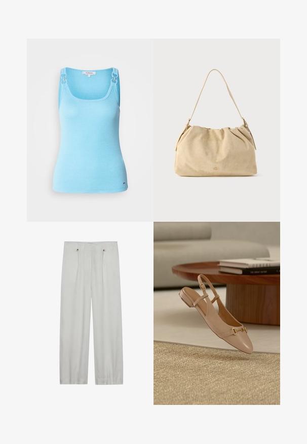 Top sin mangas ajustado de color azul claro, hecho de material elástico. Presenta herrajes plateados en las tirantes y un escote cuadrado. Textura suave.; Pantalones de pierna ancha en gris claro, confeccionados en una tela suave. Presentan dos pliegues frontales, dos cierres de botón y una textura suave.; Zapato plano beige de cuero con tiras traseras y detalle de hebilla dorada, posicionado en el aire sobre una alfombra tejida, una mesa de café de madera y libros apilados en el fondo.; Bolso de ante beige con diseño fruncido, correa única para el hombro y detalles en metal dorado. Textura suave y forma no estructurada.