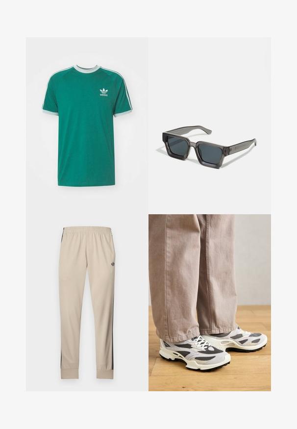 Vihreä puuvillapaita, jossa on pyöreä pääntie, vaaleansiniset yksityiskohdat ja Adidas-logo vasemmassa rinnassa. Lyhyet raglan-hihat.; Beiget urheiluhousut mustilla sivupaneeleilla, joustavalla vyötärönauhalla ja kapeilla lahkeensuilla. Valmistettu pehmeästä kankaasta, jossa pieni logo lonkalla.; Henkilö, joka on pukeutunut beigeihin leveisiin housuihin ja harmaavalkoisiin urheilusnekkereihin, seisoo puulattialla.; Jack & Jones JACPETER SUNGLASSES UNISEX - Aurinkolasit - grey