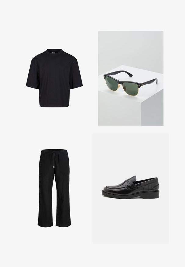 Camiseta de algodón negra con cuello redondo, mangas cortas y un corte holgado. Textura suave y diseño minimalista. Sin logotipos visibles.; Pantalones anchos de pierna negra con cintura elástica y cordón, hechos de tela ligera y texturizada.; Mocasines de cuero negro con un acabado suave, punta redondeada, tacón bajo y costura decorativa en la parte delantera. Suela de goma para mayor agarre.; Gafas de sol Ray-Ban con lentes verdes, montura de plástico negro y acentos dorados en los bordes. Forma cuadrada con acabado mate.