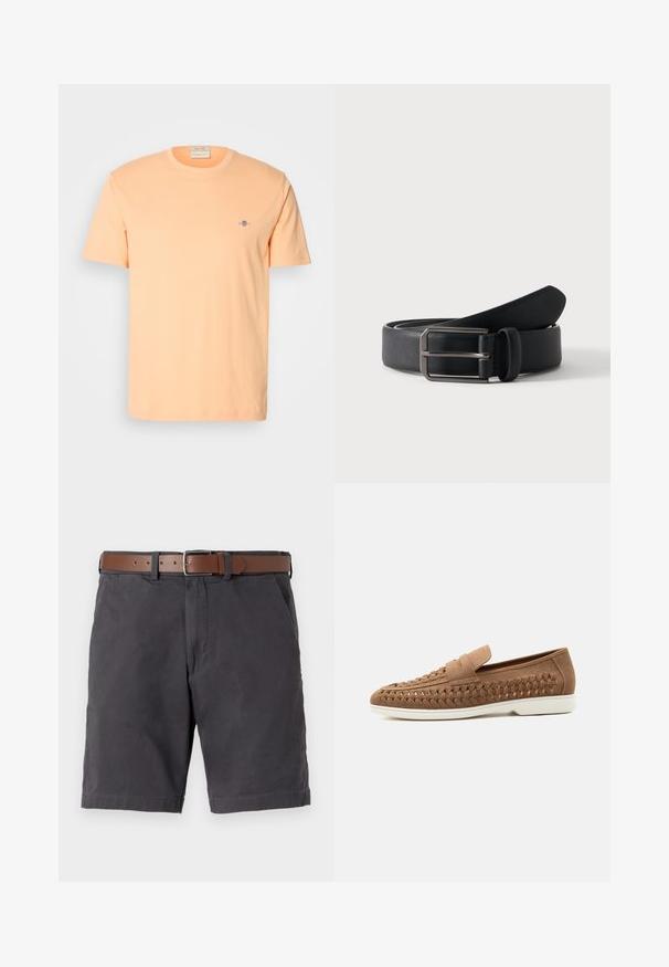 Camiseta de manga corta en algodón color durazno claro, con un pequeño logo azul en el pecho. Cuello redondo con una textura suave.; Pantalones cortos de algodón gris oscuro con un cinturón de cuero marrón, bolsillos frontales y detalles de ribete cosido.; Mocasín de ante marrón con detalles laterales tejidos y suela de goma blanca, mostrado de perfil sobre un fondo gris claro.; Cinturón de cuero negro enrollado con hebilla rectangular de metal plateado sobre un fondo claro y sencillo.
