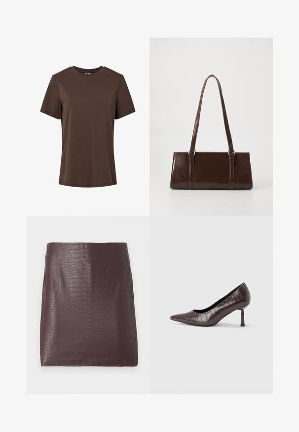 Enkelt brun kortærmet t-shirt i bomuld med rund hals, vist på hvid baggrund.; Krokodillembosseret faux læder mini skirt i mørk burgundy med en glat tekstur og sideslids.; Brune kunstlæder stiletter med spidse tæer og krokodilletekstur, der har en slank, vinklet hæl og en glat inderside.; Brun lakeret håndtaske med rektangulær form, to lange håndtag og subtile buede detaljer på fronten.