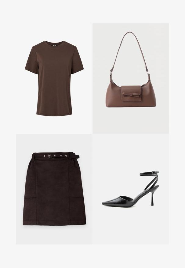 T-shirt en coton marron uni à manches courtes et col rond, présenté sur un fond blanc.; Minijupe en daim marron avec taille ceinturée, dotée de poches latérales et de détails cousus. Texture lisse avec un design épuré et minimaliste.; Escarpin noir à bout pointu avec fines brides de cheville et fermeture à boucle argentée sur fond clair uni.; Sac à bandoulière en cuir marron avec une poche à rabat avant ornée d'un détail en forme de nœud cousu et une sangle réglable.
