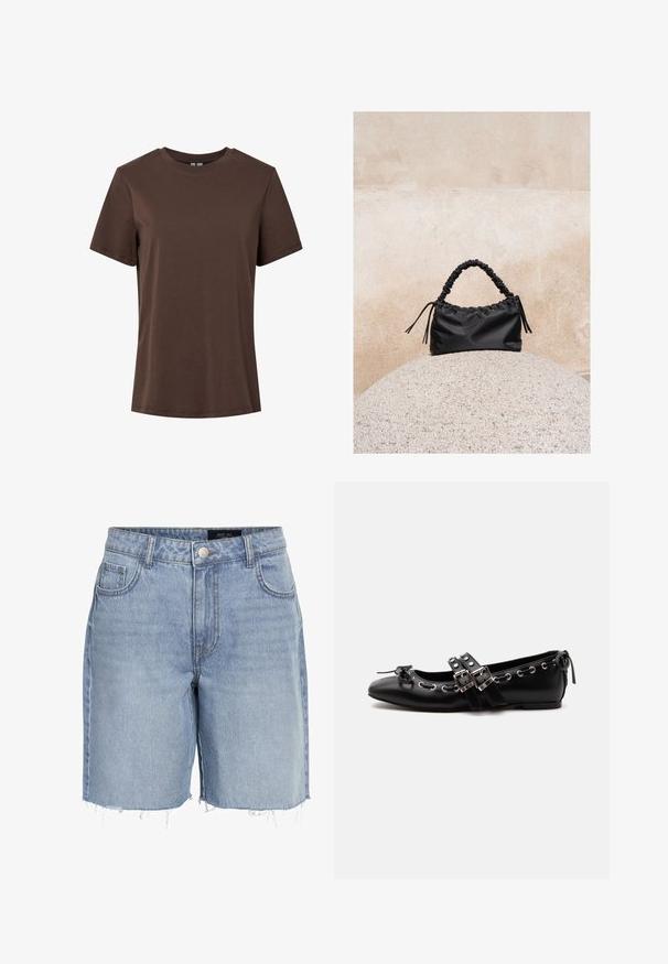 T-shirt en coton marron uni à manches courtes et col rond, présenté sur un fond blanc.; Shorts en denim bleu clair à taille haute, avec cinq poches, un ourlet effiloché et une fermeture à bouton classique. Fabriqué à partir d'un tissu doux et texturé.; Chaussure de ballet plate noire avec doubles brides à boucle, œillets argentés et petit nœud près de l’orteil arrondi sur fond blanc.; Sac à main noir froncé avec une poignée froncée, posé sur une sphère en pierre texturée devant un mur en béton beige.