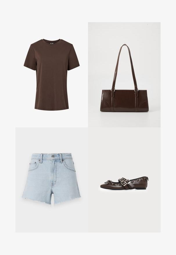 Einfaches braunes Baumwoll-T-Shirt mit kurzen Ärmeln und Rundhalsausschnitt, präsentiert auf weißem Hintergrund.; Hellblaue Denim-Shorts mit hoher Taille, fransigem Saum und fünf Taschen. Merkmale sind ein Metallknopf und kontrastierende Nähte.; Dunkelbrauner flacher Lederschuh mit spitzer Spitze, doppelten silbernen Schnallenriemen, Metallösen und dekorativer Schleife vorne.; Braune Lackleder-Handtasche in rechteckiger Form, mit zwei langen Griffen und subtilen, geschwungenen Akzenten auf der Vorderseite.