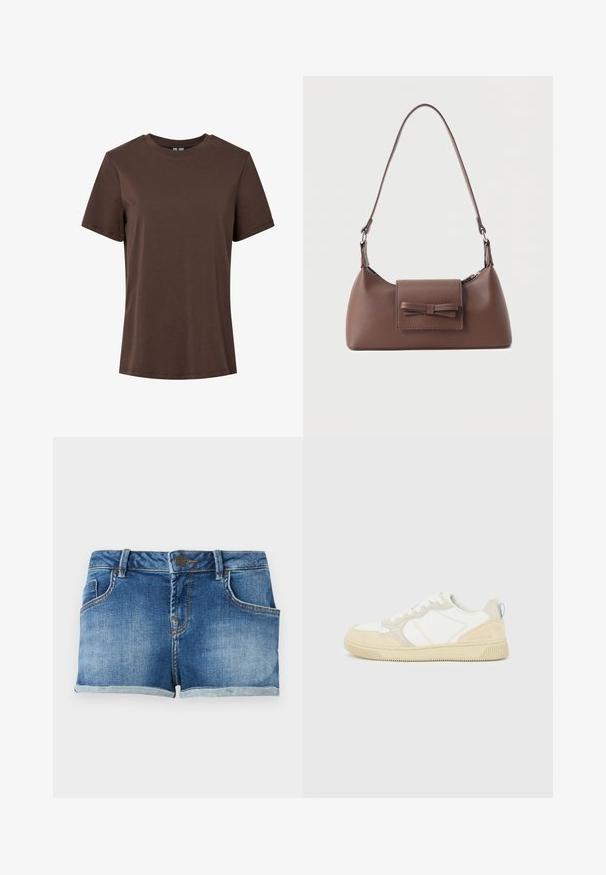 Einfaches braunes Baumwoll-T-Shirt mit kurzen Ärmeln und Rundhalsausschnitt, präsentiert auf weißem Hintergrund.; Blaue Jeansshorts mit vorderer Knopfleiste, Gürtelschlaufen, Vordertaschen und aufgerolltem Saum vor einem einfarbigen hellen Hintergrund.; Weißer und beiger Sneaker mit Obermaterial aus Wildleder und Textil, kontrastierenden Nähten, einer Gummisohle und einem hellblauen Akzent an der Ferse.; Braune Leder-Umhängetasche mit einer vorderen Klappentasche, die ein gestepptes Schleifendetail und einen verstellbaren Riemen aufweist.