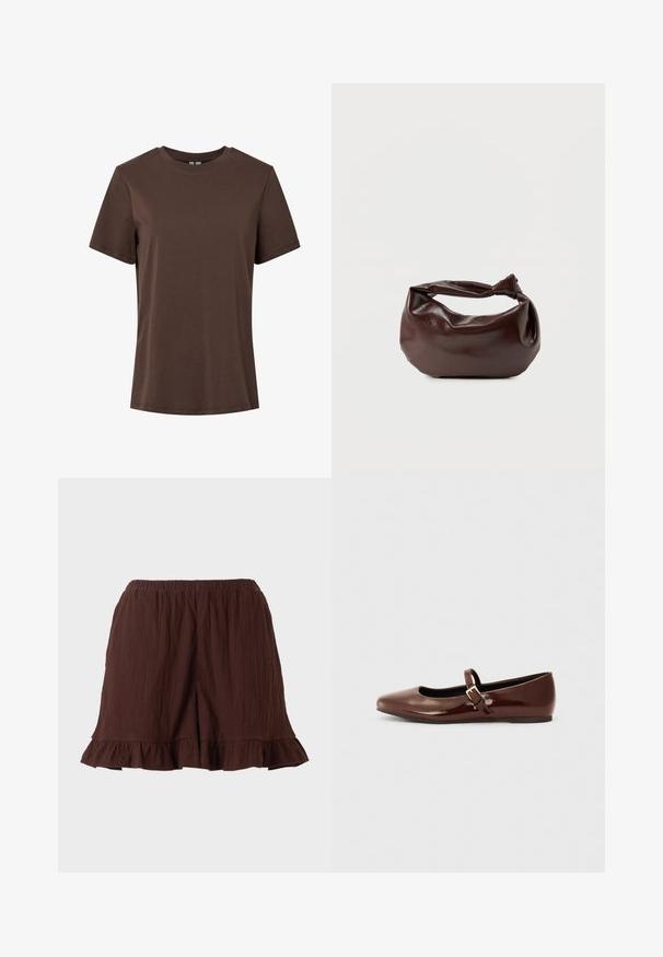 Einfaches braunes Baumwoll-T-Shirt mit kurzen Ärmeln und Rundhalsausschnitt, präsentiert auf weißem Hintergrund.; Braune Shorts aus strukturiertem Stoff mit elastischem Bund und gerafftem Saum vor schlichtem hellem Hintergrund.; Braune Lackleder-Ballerinas mit quadratischer Zehenform und Riemen mit einer kleinen goldenen Schnalle. Glatte Textur, niedriger Absatz und minimalistisches Design.; Dunkelbraune Lederschultertasche mit weicher, lockerer Form und einem gedrehten Knotengriff vor schlichtem weißem Hintergrund.