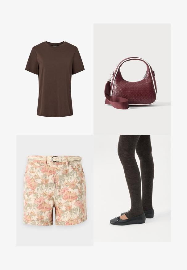 Enkelt brun kortærmet t-shirt i bomuld med rund hals, vist på hvid baggrund.; Beige shorts med pink og grøn tropisk blomsterprint, med forlommer og et vævet beige bælte med sølvspænde.; Ben iført mørke ribbede leggings kombineret med sorte balletsko med små sløjfedetaljer på hvid baggrund.; Mørkerød vævet lædertaske med buet hank, hvid kant, sølv lynlås og aftagelig bred stofskulderrem mod en ensfarvet baggrund.