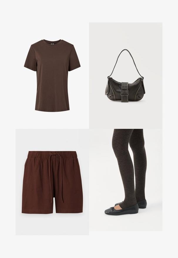 Effen bruine korte mouwen, ronde hals, katoenen T-shirt, weergegeven op een witte achtergrond.; Bruine shorts met elastische taille en verstelbaar koord, gemaakt van zachte stof, afgebeeld tegen een effen witte achtergrond.; Benen met donkere geribbelde leggings gecombineerd met zwarte ballerina's met kleine strikdetails op een witte achtergrond.; Zwarte leren schoudertas met gespsluiting aan de riem, afgeronde hoeken en contrasterende witte stiksels op een effen achtergrond.