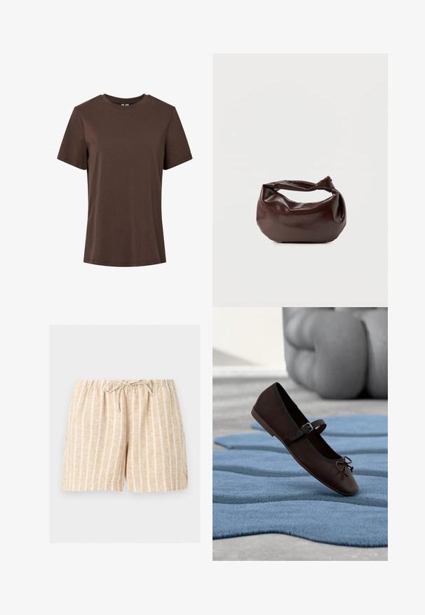 Einfaches braunes Baumwoll-T-Shirt mit kurzen Ärmeln und Rundhalsausschnitt, präsentiert auf weißem Hintergrund.; Beige Leinen-Shorts mit weißen vertikalen Streifen, elastischem Bund und vorderem Kordelzug auf hellem, einfarbigem Hintergrund.; Dunkelbrauner Mary-Jane-Flachschuh mit Schnalle und Schleifendetail, der auf einem welligen, blauen strukturierten Teppich liegt, im Hintergrund ein graues Polstersofa.; Dunkelbraune Lederschultertasche mit weicher, lockerer Form und einem gedrehten Knotengriff vor schlichtem weißem Hintergrund.