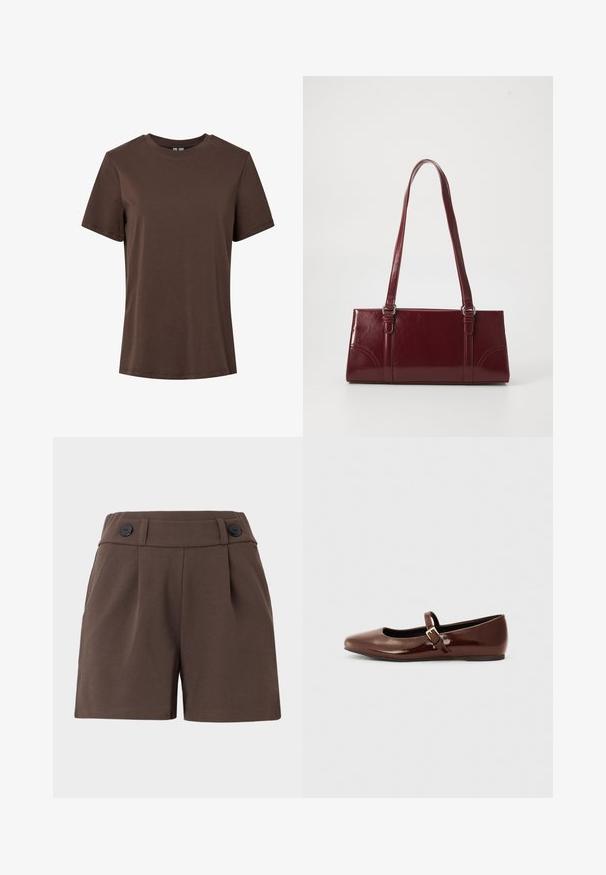 Enkelt brun kortærmet t-shirt i bomuld med rund hals, vist på hvid baggrund.; Brune shorts lavet af en struktureret stof med høj talje, plisseringer og to sorte knapper foran. Skræddersyet design med sidelommer.; Brun patentlæder balletflade med firkantet tå og strop med en lille guldbuckle. Glat tekstur, lav hæl og minimalistisk design.; Bordeaux håndtaske lavet af glansfuldt materiale, rektangulær form, med to skulderremme og subtile buede detaljer på forsiden.