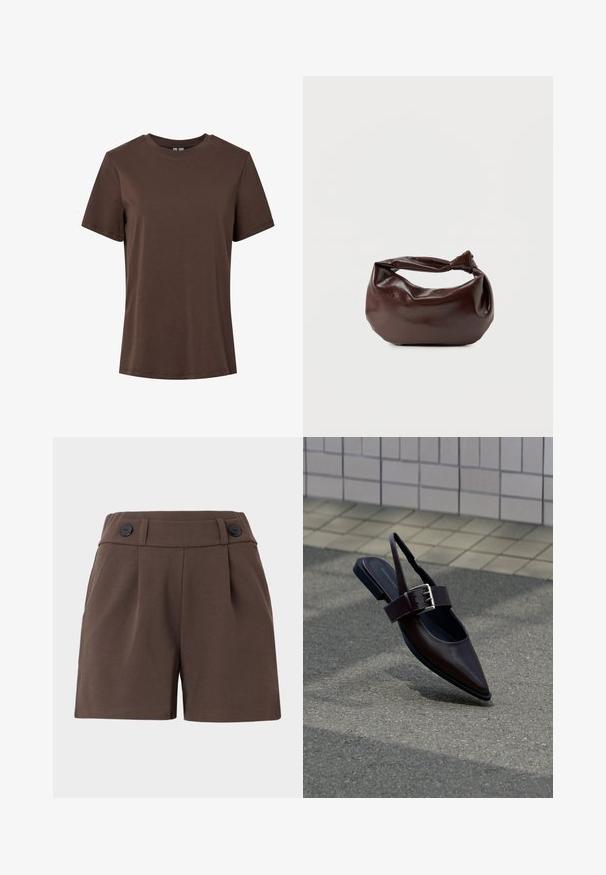 Effen bruine korte mouwen, ronde hals, katoenen T-shirt, weergegeven op een witte achtergrond.; Bruine shorts gemaakt van een stoffen met structuur, met een hoge taille, plooien en twee zwarte knopen aan de voorkant. Tailored ontwerp met zijzakken.; Donkerbruine platte slingback schoen met puntige neus, brede band en grote zilveren gesp, op asfalt bij een betegelde muur.; Donkerbruine leren schoudertas met een zachte, slungelige vorm en een gedraaide knoopvormige handgreep op een effen witte achtergrond.