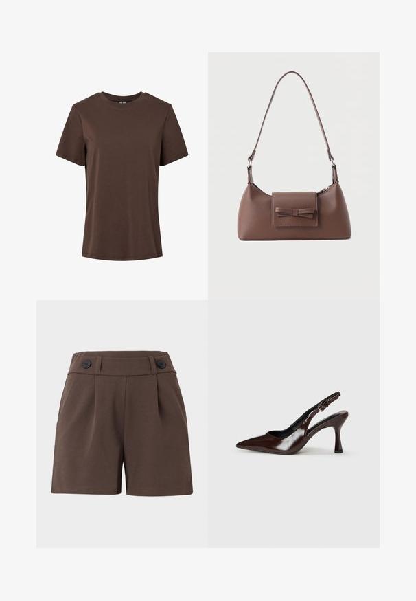 Einfaches braunes Baumwoll-T-Shirt mit kurzen Ärmeln und Rundhalsausschnitt, präsentiert auf weißem Hintergrund.; Braune Shorts aus einem strukturierten Stoff, mit hoher Taille, Falten und zwei schwarzen Knöpfen an der Vorderseite. Maßgeschneiderter Schnitt mit Seitentaschen.; Braune lackleder Slingback-Absätze mit spitzem Zehen, einem dünnen Absatz und einem verstellbaren Riemen mit einer kleinen Schnalle.; Braune Leder-Umhängetasche mit einer vorderen Klappentasche, die ein gestepptes Schleifendetail und einen verstellbaren Riemen aufweist.