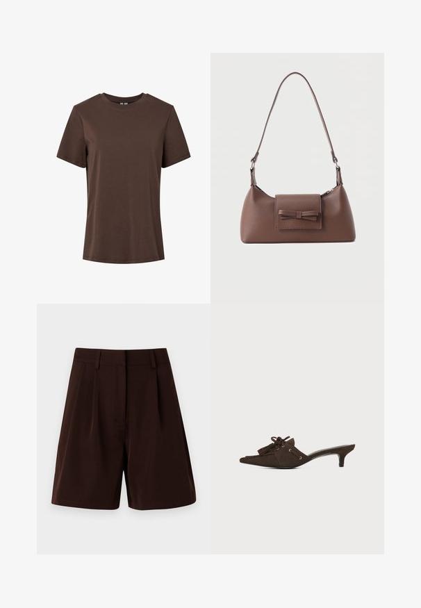 Effen bruine korte mouwen, ronde hals, katoenen T-shirt, weergegeven op een witte achtergrond.; Bruine geplooide shorts gemaakt van lichtgewicht stof. Voorzien van een klassieke tailleband en zijzakken, met een rechte snit en afgewerkte randen.; Bruine suède mule met puntige neus, lage kittenhiel, veterstrik met strik en kwastdetails op een witte achtergrond.; Bruine leren schoudertas met een voorvak met klep en een gestikte strikdetail en een verstelbare band.