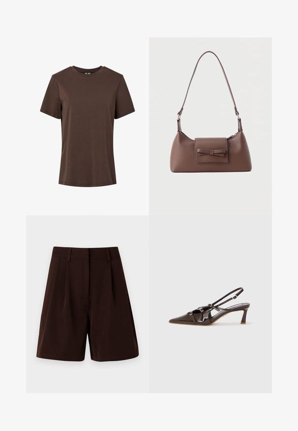 Einfaches braunes Baumwoll-T-Shirt mit kurzen Ärmeln und Rundhalsausschnitt, präsentiert auf weißem Hintergrund.; Braune, plissierte Shorts aus leichtem Stoff. Mit klassischem Taillenbund und Seitentaschen, geradem Schnitt und gesäumten Kanten.; Braune Lacklederslingback mit spitzem Schuhspitzen, verstellbaren Riemen und dekorativen Schnallen an der Vorderseite. 3 Zoll Absatzhöhe.; Braune Leder-Umhängetasche mit einer vorderen Klappentasche, die ein gestepptes Schleifendetail und einen verstellbaren Riemen aufweist.