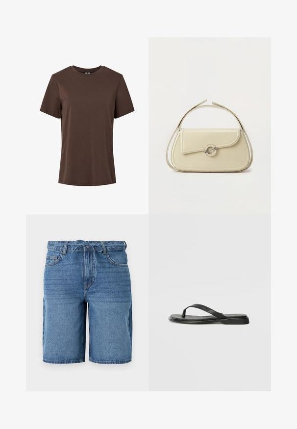 Einfaches braunes Baumwoll-T-Shirt mit kurzen Ärmeln und Rundhalsausschnitt, präsentiert auf weißem Hintergrund.; Blaue, knielange Shorts aus Denim mit Fronttaschen, Gürtelschlaufen und einem am Bund gebundenen Stoffgürtel.; Schwarze Flip-Flops aus glattem Leder, mit einem dünnen Riemendesign und einer flachen Sohle mit minimalem Profil. Keine bemerkenswerten Muster oder Akzente.; Cremefarbene Ledertasche mit geschwungener Klappe, rundem silbernem Verschluss und kurzem Tragegriff vor einfachem weißem Hintergrund.