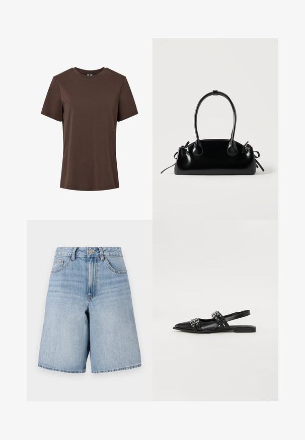 Effen bruine korte mouwen, ronde hals, katoenen T-shirt, weergegeven op een witte achtergrond.; Lichtblauwe denim shorts met een hoge taille, wijde pijpen en voorzakken. Voorzien van een bovenste knoop en een ritsluiting. Versleten afwerking.; Even&Odd by Zalando Slingback ballerina´s - black; Kleine zwarte glanzende handtas met twee lange hengsels en zijkant trekkoord details op een effen lichte achtergrond.