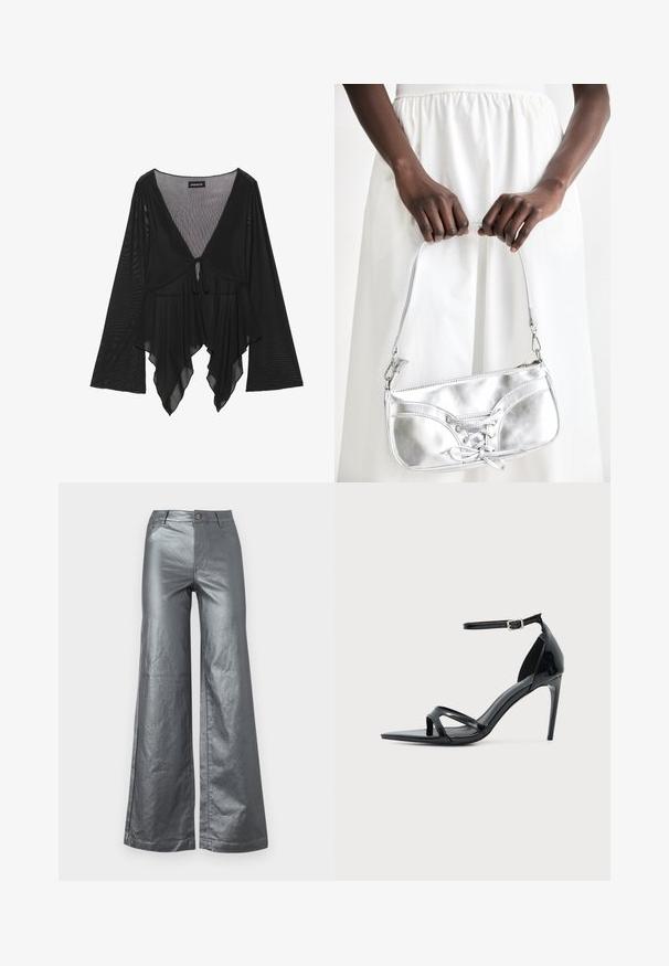 Blusa negra transparente con mangas largas de campana, escote profundo en V y detalle de lazo en el frente. Presenta un dobladillo fluido y estratificado con una sutil textura.; Pantalones de pierna ancha en tejido metálico plateado brillante. Cuenta con bolsillos frontales, cierre de botón y dobladillos rectos. Textura suave y diseño elegante.; Sandalia de tacón alto de charol negro con una fina correa en el tobillo, punta abierta y diseño minimalista sobre un fondo claro y liso.; Bolso metálico plateado con detalle de cordones, que presenta un diseño elegante y una correa corta. El bolso está sostenido con las manos, mostrando su textura.