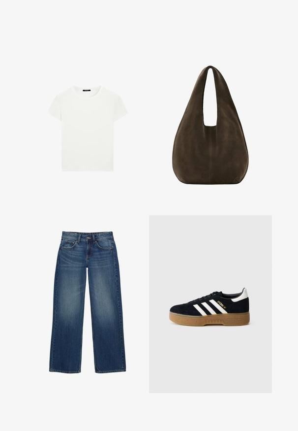 Effen witte T-shirt met korte mouwen en een ronde hals, met een slim fit, vlak weergegeven tegen een witte achtergrond.; Blauwe wijde spijkerbroeken van denim met een verweerde afwerking, voorzien van vijf zakken, een knoopsluiting aan de voorkant en zichtbare stikseldetails.; Zwarte suède sneaker met witte drie strepen en gouden merktekens. Gele zool met gestructureerde grip. Klassiek laag model, afgeronde neus.; Zachte donkerbruine suède hobo tas met een brede enkele schouderriem en afgeronde onderkant op een witte achtergrond.