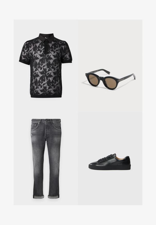 The Kooples PULL - Polo - black; Jeans de mezclilla gris con un acabado ligeramente desgastado, puños enrollados y pequeños detalles desgastados en las piernas. Diseño clásico de cinco bolsillos.; Zapatilla negra de cuero con una textura suave, puntera redonda y cierre de cordones. Presenta una suela de goma gruesa y un detalle de marca mínimo.; Gafas de sol redondas y negras con montura gruesa y lentes marrones, colocadas sobre una superficie blanca inclinadas ligeramente hacia la derecha.