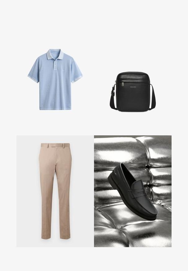 Polo de manga corta de color azul claro con cuello, tapeta de dos botones y logo sutil en el pecho izquierdo sobre un fondo blanco liso.; Pantalones ajustados beige con un diseño de pierna recta, frontales planos y presillas para cinturón, confeccionados en una tela suave. Sin patrones ni acentos visibles.; Mocasines de cuero negro con una textura suave, que presentan detalles de costura y un diseño clásico, mostrados sobre un fondo metálico y brillante.; Bolso bandolera negro de cuero texturizado Calvin Klein con correa ajustable y bolsillo frontal con cremallera.