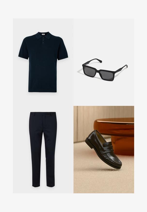 Polo shirt bleu marine à manches courtes, avec un tissu texturé, un plastron à trois boutons et un col et des poignets en tricot.; Pantalons tailleur bleu marine foncé en tissu lisse, avec un devant plat, des passants de ceinture et une coupe ajustée. Pas de motifs ni d'accents visibles.; Mocassin en cuir noir brillant avec un détail de bride, posé sur un tapis beige près d'une table basse ronde en bois brun dans une pièce doucement éclairée.; Lunettes de soleil noires avec des verres rectangulaires, finition mate, épaisses montures et branches fines comprenant un subtil détail de marque.