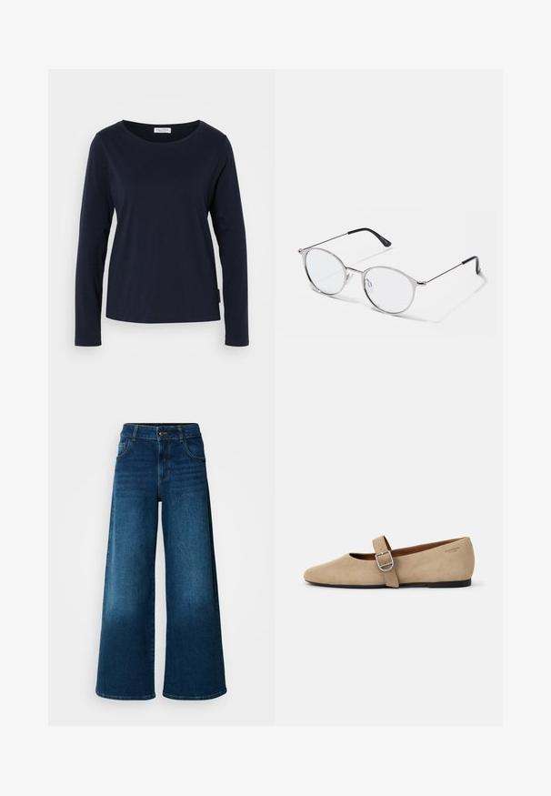 Marineblauwe longsleeve T-shirt van zacht katoen, met een ronde hals en een rechte zoom met minimale details.; Wijde jeans van donkerblauwe denim. Heeft een hoge taille, knoopsluiting en klassiek vijf-vakken ontwerp met subtiele vervaging.; Beige suède Mary Jane balletschoenen met een spitse neus en een enkele verstelbare band met een zilveren gesp. Zwarte platte zool.; Metalen zilveren bril met ronde glazen en een dunne montuur. Zwarte tempeltips bieden contrast. Inclusief verstelbare neuspad.