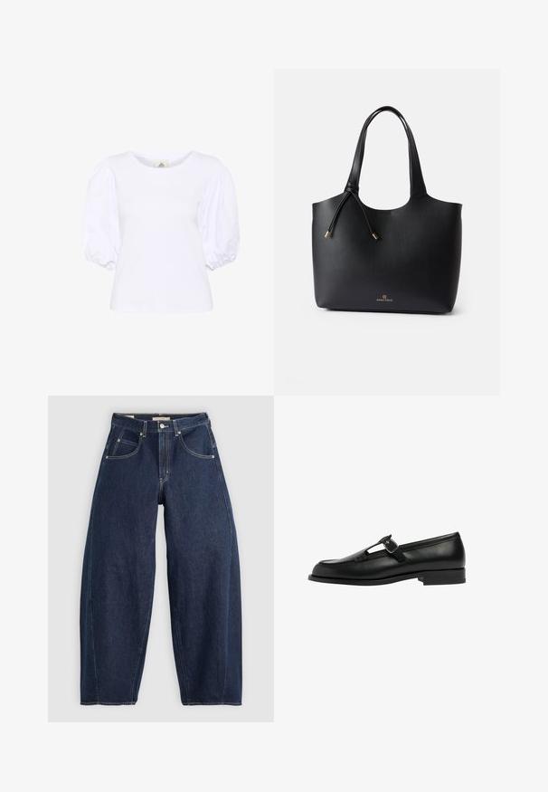 Witte short-sleeve top met pofmouwen. Gladde textuur met een getailleerd lichaam en ronde halslijn. Ideaal voor casual of semi-formele gelegenheden.; Donkerblauwe denim jeans met een losse fit, lichte stiksels, vijf zakken en een knoopsluiting op de taille.; Zwarte leren instapper met een T-bar ontwerp en gespsluiting, platte zool, gladde textuur en gestikte accenten langs de randen.; Zwarte leren totebag met een gladde textuur, open bovenkant, twee schouderbanden en een subtiele gouden logo aan de onderkant. Kenmerkt een trekkoordsluiting.