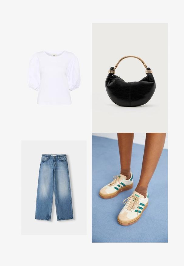 Witte short-sleeve top met pofmouwen. Gladde textuur met een getailleerd lichaam en ronde halslijn. Ideaal voor casual of semi-formele gelegenheden.; Lichtblauwe jeans met een relaxte pasvorm, wijde pijpen en vervaagde delen. Gemaakt van denim met een klassiek vijf-vakken ontwerp en een sluitknop aan de bovenkant.; Beige sneakers met donkergroene strepen, rubberen zool, bovenwerk van suede en textiel, en neutrale hardware, gecombineerd met bruine sokken op een lichtblauwe ondergrond.; Zwarte halvemaanvormige handtas met een gestructureerd oppervlak en een goudkleurige stijve handgreep met spiraalvormige versieringen.