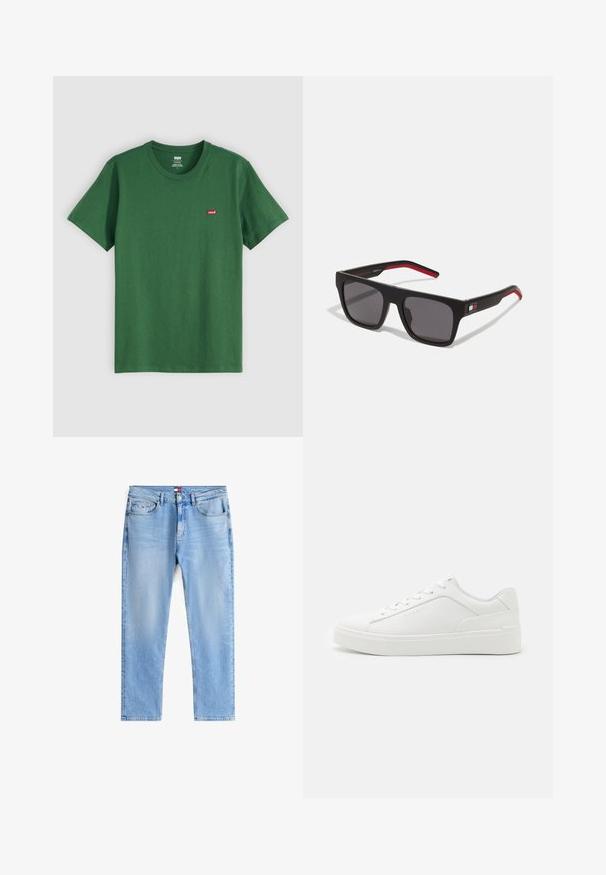 Zelené bavlnené tričko s okrúhlym výstrihom, krátkymi rukávmi a malým červeným logom Levi's na ľavej hrudi. Mäkká textura, štandardný strih.; Svetlomodré džínsové nohavice rovného strihu s prednými a zadnými vreckami, zipsom a malou nášivkou s logom na pravom prednom vrecku.; Biele nízkoprieduánske tenisky vyrobené z hladkej kože, s okrúhlou špičkou, plochou podrážkou a diskrétnym logom na boku.; Tommy Hilfiger Slnečné okuliare - matte black red