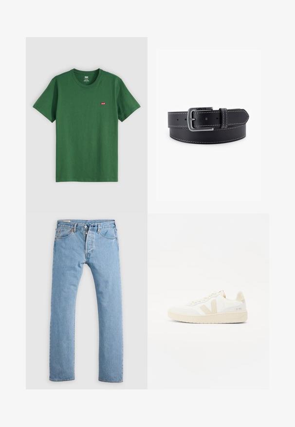 Groene katoenen t-shirt met een ronde hals, korte mouwen en een klein rood Levi's-logo op de linkerkant van de borst. Zachte textuur, normale pasvorm.; Lichtblauwe rechte spijkerbroek met knoopsluiting, riemlussen en voor- en achterzakken, weergegeven op een witte achtergrond.; Witte sneaker met beige accenten, voorzien van een gestructureerde bovenkant, ronde neus en een dikke rubberen zool. Het ontwerp bevat het iconische V-logo en merkbranding.; Zwarte leren riem met een gesp van zilverkleurig metaal, contrasterende witte stiksels en een glad oppervlak. Voorzien van meerdere verstelgaten.
