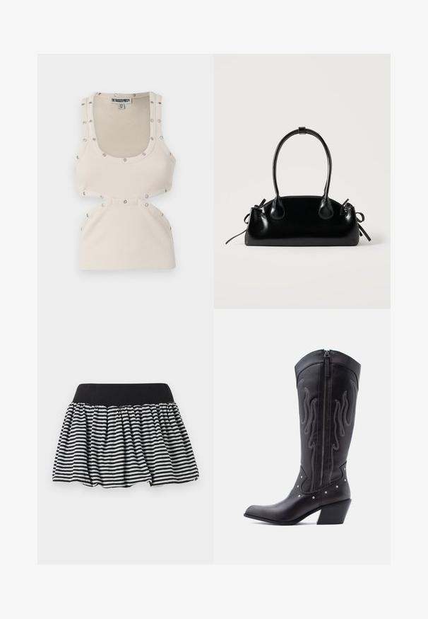 Débardeur blanc à côtes avec une coupe ajustée, présentant des accents en métal argenté le long des épaules et des découpes à la taille.; Jupe à rayures noires et blanches avec un design plissé et une taille élastique, fabriquée en matériau doux. Présente une forme évasée pour plus de volume.; Bottes de cow-boy en cuir noir avec bout pointu, coutures apparentes, ornements à clous argentés et fermeture éclair sur le côté intérieur.; Petit sac à main noir brillant avec deux longues anses et des détails à cordon sur les côtés sur un fond clair uni.