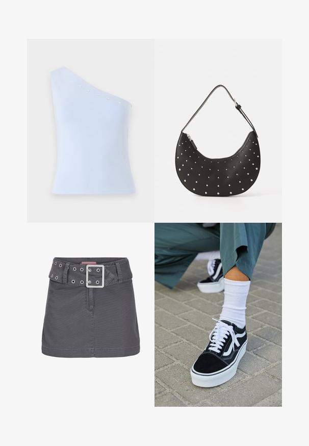Lichtblauw, one-shoulder top gemaakt van zachte stof, met zilveren sterversieringen langs de halslijn en een getailleerde silhouet.; Grijze katoenen mini-jurk met een brede riem met zilveren oogjes en een vierkante metalen gesp, ontworpen met een schone, rechte silhouet.; Zwarte suède sneaker met witte accenten en veters, uitgerust met een dikke witte zool en contrasterende stiksels, gecombineerd met een witte sok.; Zwarte leren handtas met een gebogen vorm, versierd met zilveren studs, voorzien van een ritssluiting en een enkele verstelbare schouderband.