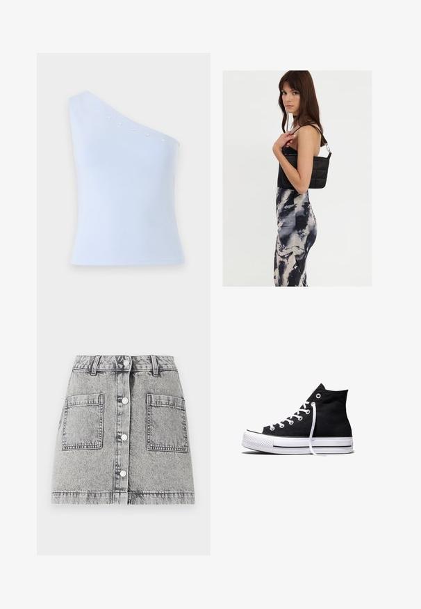 Lichtblauw, one-shoulder top gemaakt van zachte stof, met zilveren sterversieringen langs de halslijn en een getailleerde silhouet.; Lichtgrijze denimrok met een vervaagde textuur, voorzien van een knoopsluiting aan de voorkant, twee grote zijzakken en een rechte snit.; Zwarte hooggesloten canvas sneaker met witte rubberen zool en witte veters, zijwaarts weergegeven op een witte achtergrond.; Zwarte gewatteerde schoudertas met een enkele strap en zilveren hardware, gecombineerd met een fitted, tie-dye patroon jurk in tinten zwart en crème.
