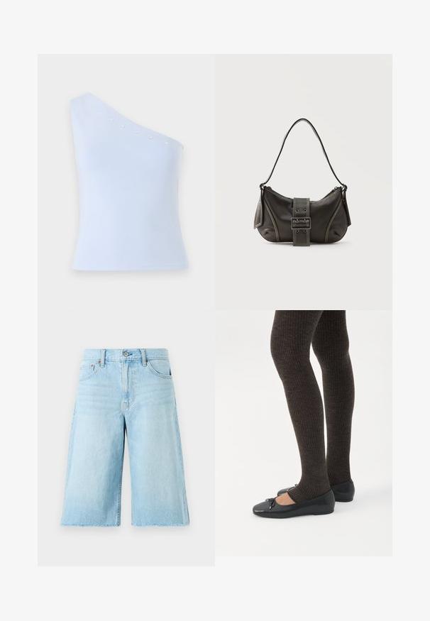 Lichtblauw, one-shoulder top gemaakt van zachte stof, met zilveren sterversieringen langs de halslijn en een getailleerde silhouet.; Lichtblauwe denim shorts met een losse pasvorm, een rafelige zoom, vijf zakken en metalen hardware. Klassiek jeansontwerp met subtiele vervaging.; Benen met donkere geribbelde leggings gecombineerd met zwarte ballerina's met kleine strikdetails op een witte achtergrond.; Zwarte leren schoudertas met gespsluiting aan de riem, afgeronde hoeken en contrasterende witte stiksels op een effen achtergrond.