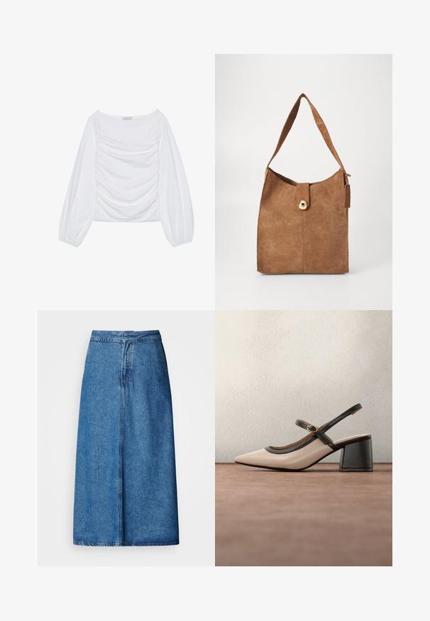 Hvid langærmet bluse med bred udskæring og indsamlet detalje på forsiden. Fremstillet af blødt stof med luftige ærmer.; Denim midi-nederdel med afslappet pasform, høj talje, frynset kant og ensfarvet blå. Enkel design uden synlige udsmykninger.; Beige høje hæle slingback-sko med spids tå, sort kant og spænde detalje. Glat materiale med mat finish, mellemstor blokhæl.; Brun ruskind skuldertaske med en enkel strop, der har en guldfarvet lås og en glat overflade. Minimalistisk design med en flad bund.