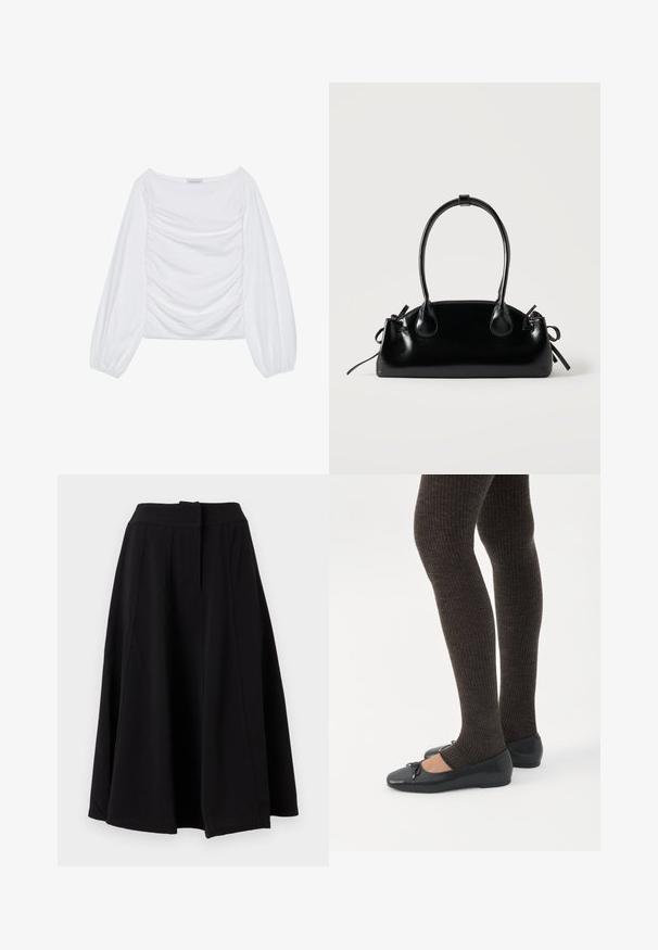 Top de manga larga blanca con un escote amplio y detalles fruncidos en el frente. Confeccionado en una tela suave y con mangas voluminosas.; Falda midi negra de corte en A con cinturilla ancha y detalles de costuras verticales visibles, mostrada sobre un fondo liso.; Piernas con leggings oscuros acanalados combinados con bailarinas negras que presentan pequeños detalles de lazo sobre un fondo blanco.; Pequeño bolso negro brillante con dos asas largas y detalles de cordón lateral sobre un fondo claro liso.