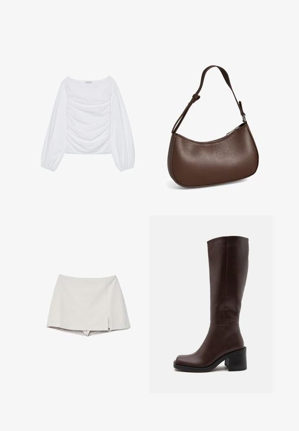 Hvid langærmet bluse med bred udskæring og indsamlet detalje på forsiden. Fremstillet af blødt stof med luftige ærmer.; Beige skort med høj talje og en lille frontslids på højre side, ser ud som en nederdel med korte bukser under.; Mørkebrune knælange læderstøvler med afrundet firkantet tå og tyk blokhæl på hvid baggrund.; Lille brun skuldertaske i læder med justerbar rem og lynlåslukning, vist mod hvid baggrund. Ingen synligt branding eller dekorationer.