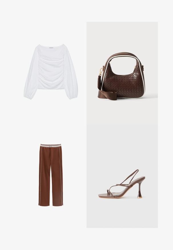 Top de manga larga blanca con un escote amplio y detalles fruncidos en el frente. Confeccionado en una tela suave y con mangas voluminosas.; Pantalones marrones de pierna ancha con ribete lateral blanco y una cintura elástica blanca con rayas beige y la marca "Marc O'Polo".; Sandalia de tacón alto marrón con tiras, punta cuadrada, correas elegantes, acabado brillante y un tacón curvado distintivo.; Bolso de mano de piel trenzada marrón con ribete blanco, cremallera dorada y correa de hombro de tela marrón desmontable.