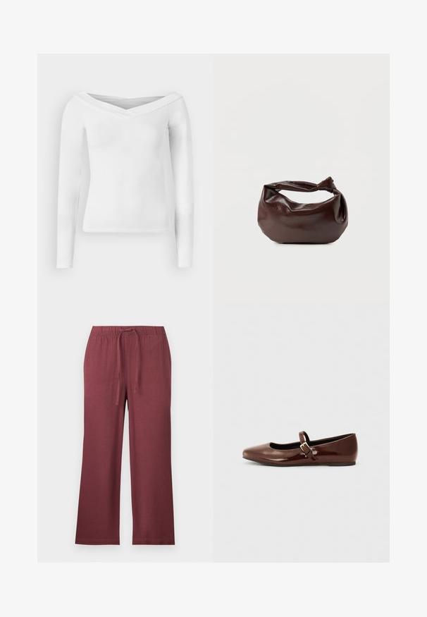 Valge õlgadeta pika varrukaga särk V-kujulise kaelusega ja keha järgiva lõikega, valgel taustal.; ONLY Petite ONLGOA PULL UP CULOTTE - Püksid - rose brown; Pruun patendiga nahast pallisaapad ruudukujulise varbaga ja rihmaga, millel on väike kuldne pandla. Sile tekstuur, madal konts ja minimalistlik disain.; Tumepruunast nahast õlakott, pehme ja lõdva vormiga, keeratud sõlme tüüpi sangaga, valgel ühevärvilisel taustal.
