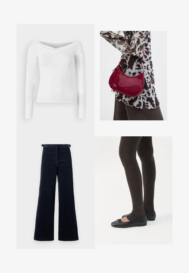 Weißes, schulterfreies Langarmshirt mit V-förmigem Ausschnitt und figurbetonter Silhouette auf weißem Hintergrund.; Dunkelblau weite Cordhosen mit verstellbaren Bucklestraps an der Taille vor einem schlichten Hintergrund.; Beine in dunklen, gerippten Leggings kombiniert mit schwarzen Ballerinas mit kleinen Schleifendetails auf weißem Hintergrund.; Frau trägt eine schwarz-weiß gemusterte Bluse und hält eine glänzende rote Schultertasche vor einem einfarbigen Hintergrund.